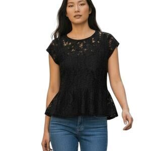 Halogen Women's Lace Peplum Top S Black Ruffle Hem Short Sleeve Floral Blouse